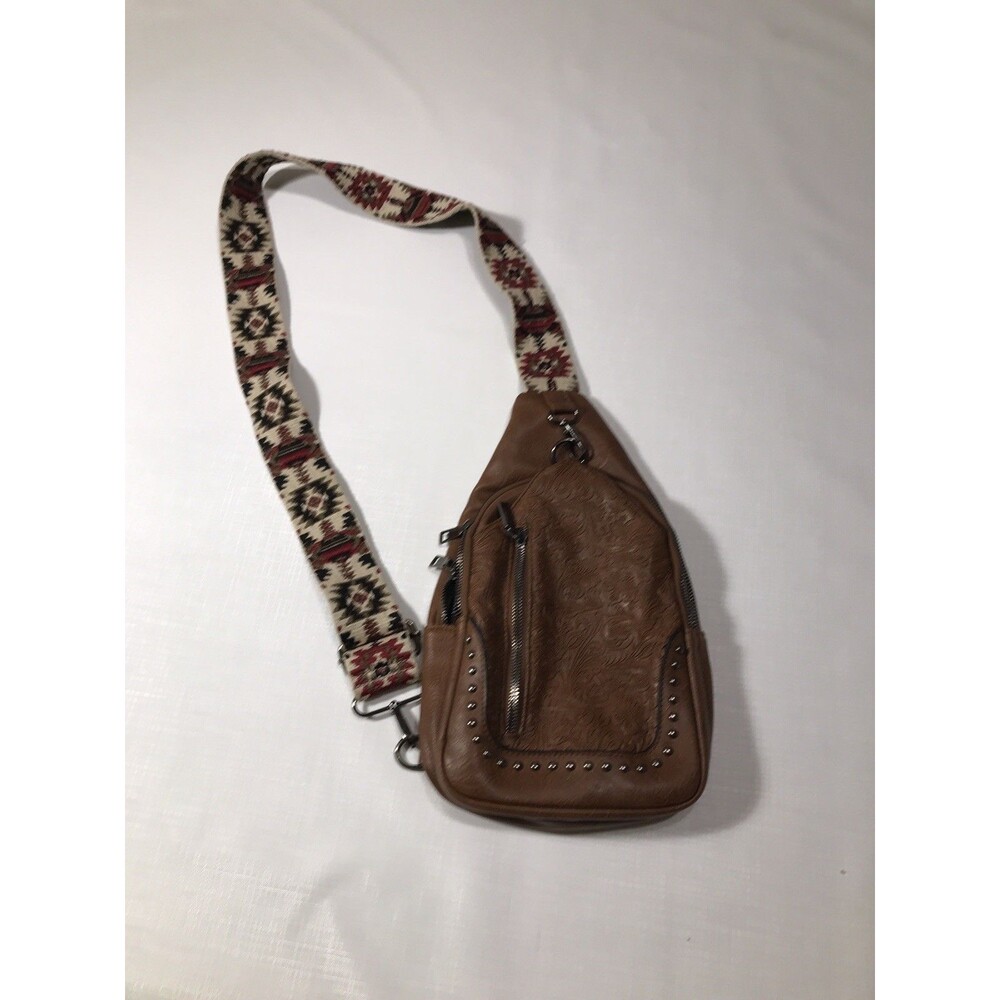 Western Style Sam & Hadley Brown Faux Leather Sling Backpack With Beaded Accents